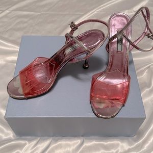 Authentic, well loved Prada 90MM plexi sandals in pink with ankle strap size 40